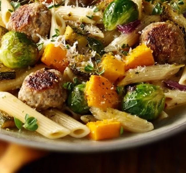 Autumn-inspired skillet pasta with seasonal vegetables and herbs in a cast iron skillet