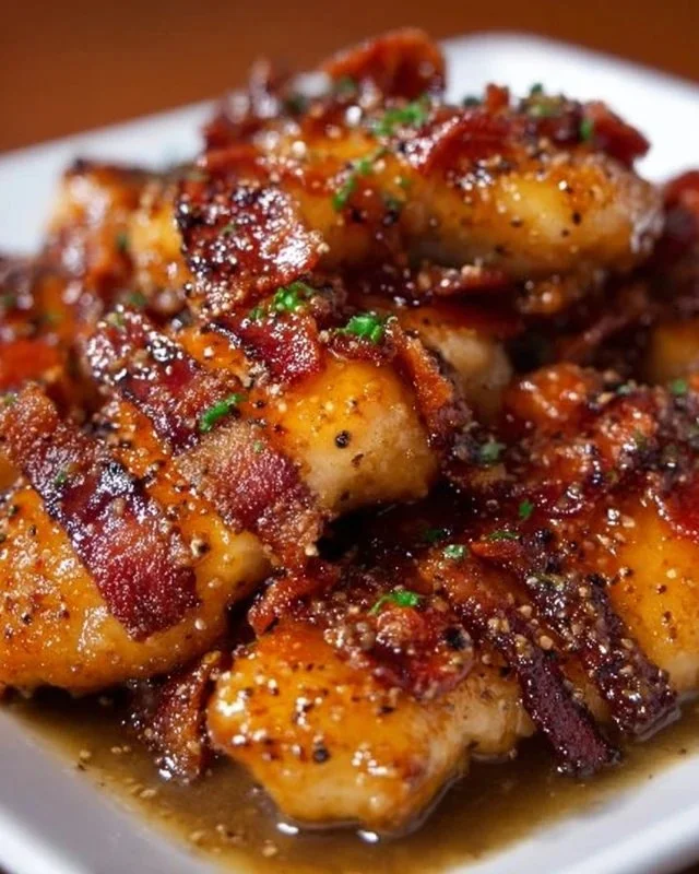 Bacon Brown Sugar Chicken Tenders garnished and ready to serve