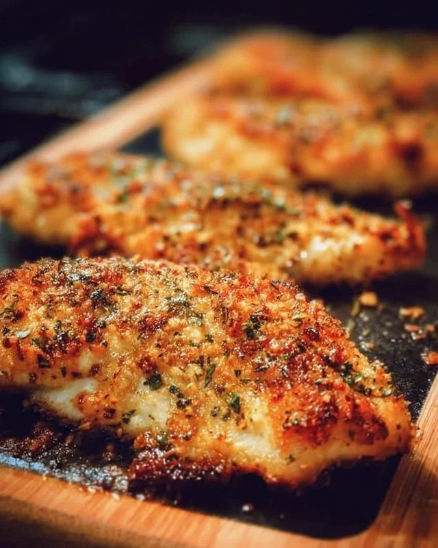 Baked garlic parmesan chicken seasoned with herbs and spices, served on a plate.