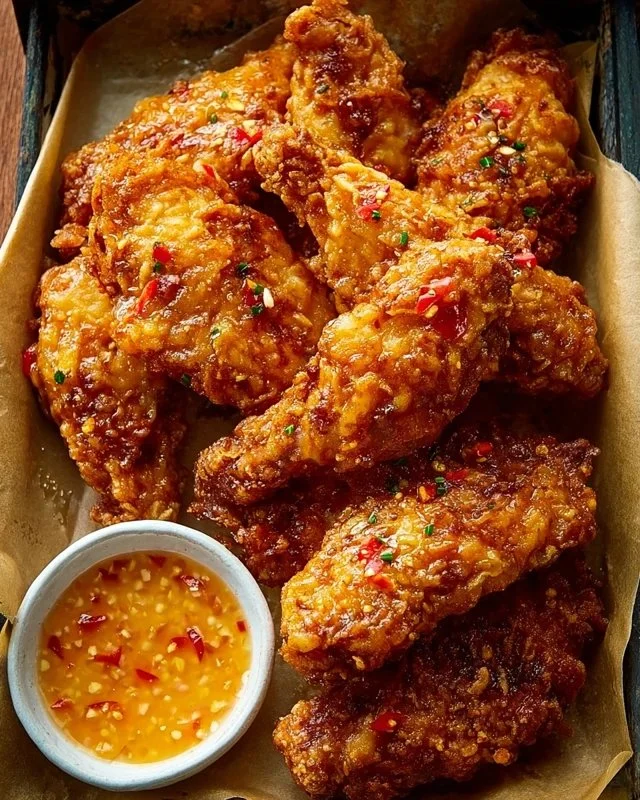 Plate of Bang Bang Chicken garnished with herbs and spices