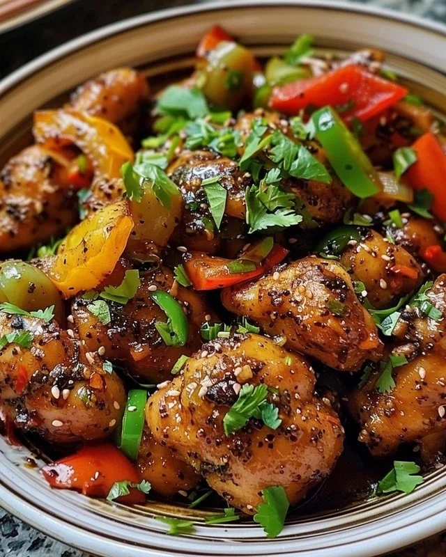 Delicious black pepper chicken served with steamed vegetables