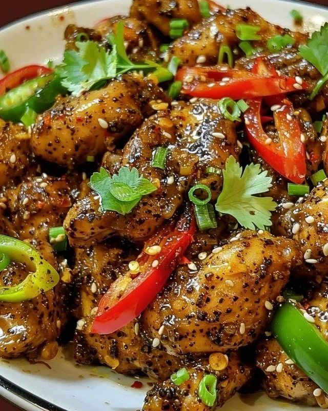Tasty black pepper chicken stir-fry with colorful vegetables and spices