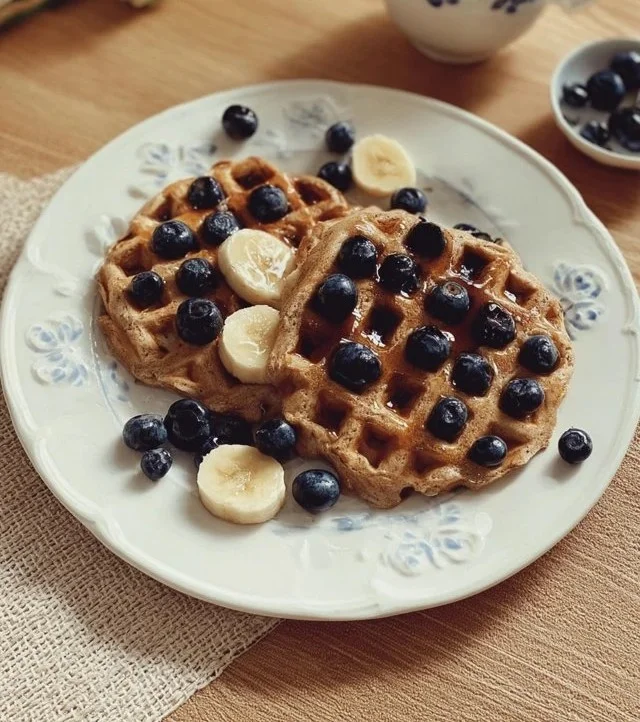 Fluffy blueberry banana waffles topped with fresh blueberries and syrup