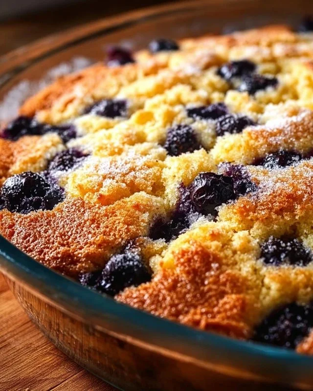 Delicious homemade blueberry breakfast cake topped with fresh blueberries