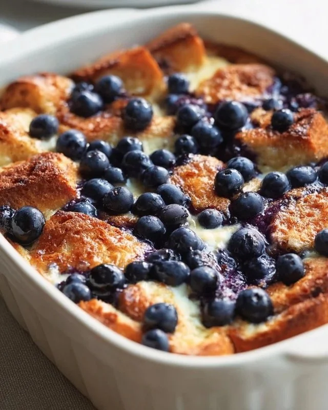Baked Blueberry French Toast Casserole served on a plate with syrup and berries