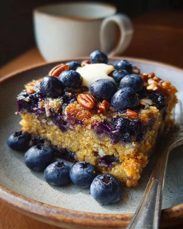 Delicious blueberry quinoa breakfast bake topped with fresh blueberries and nuts