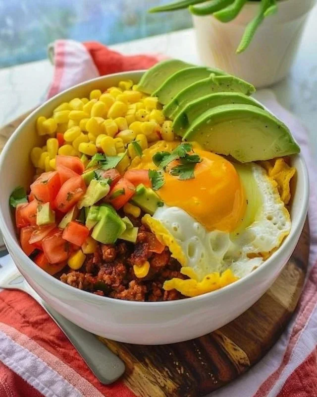 Delicious breakfast burrito bowl with fresh ingredients and savory flavors