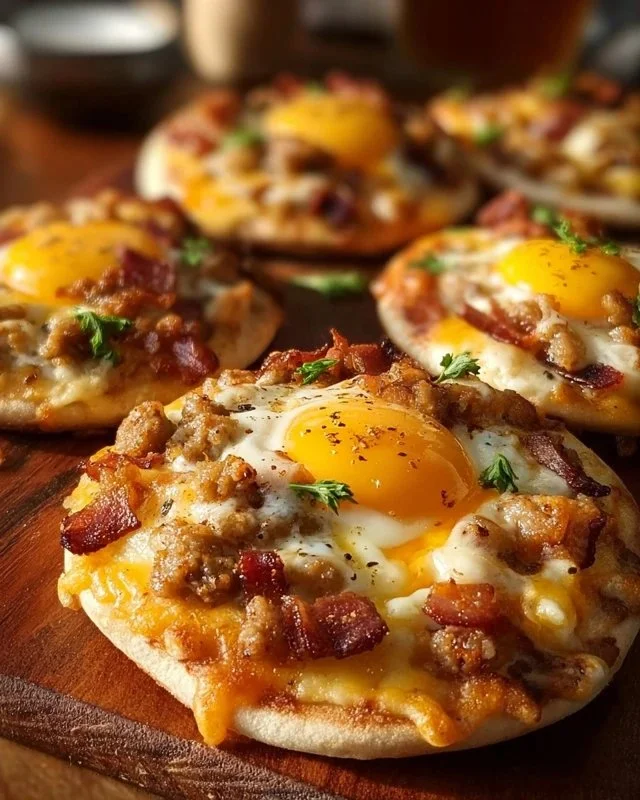 Delicious homemade breakfast pizza topped with eggs, cheese, and vegetables.