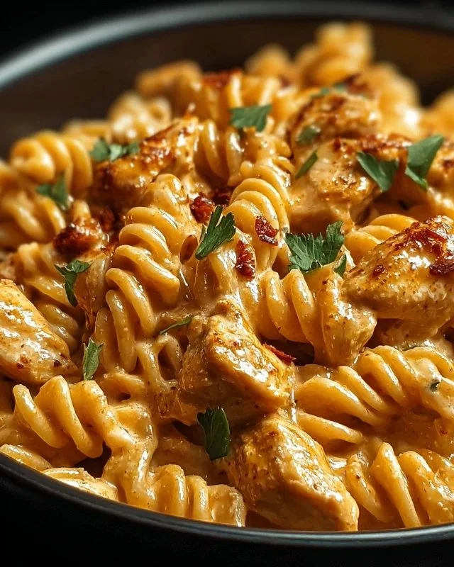 Cajun Cream Cheese Chicken Pasta Bake topped with cheese and herbs