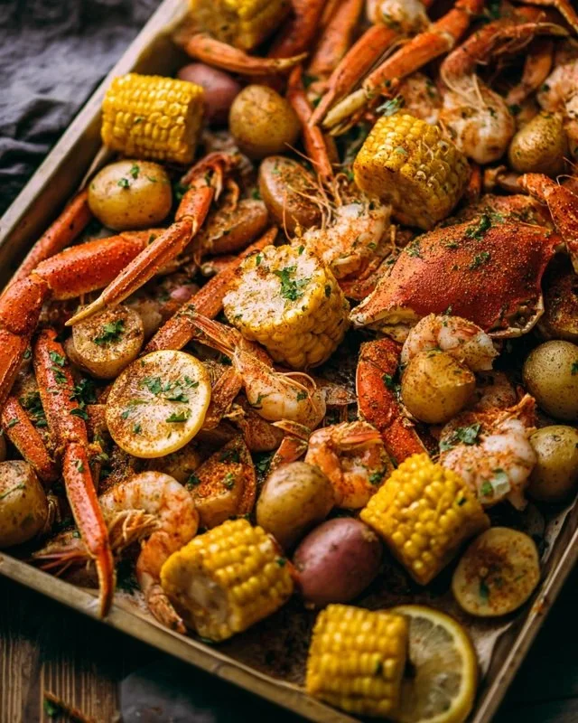 Cajun seafood boil with shrimp, crab, corn, and garlic butter sauce