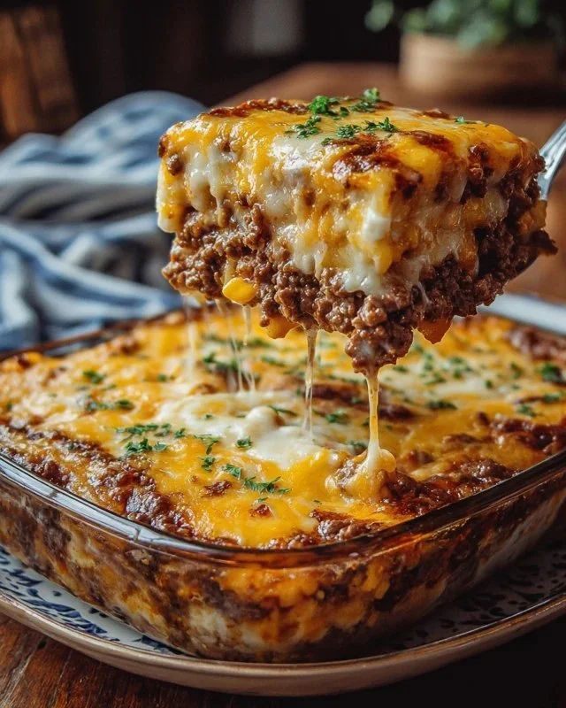 Delicious Cattle Drive Casserole ready to serve with fresh ingredients