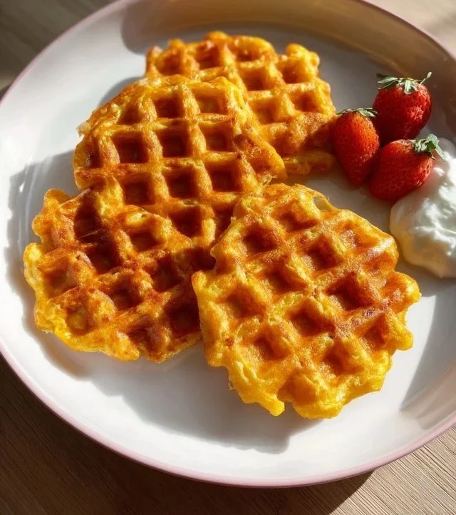 Delicious cheesy carrot waffles served with fresh herbs and toppings