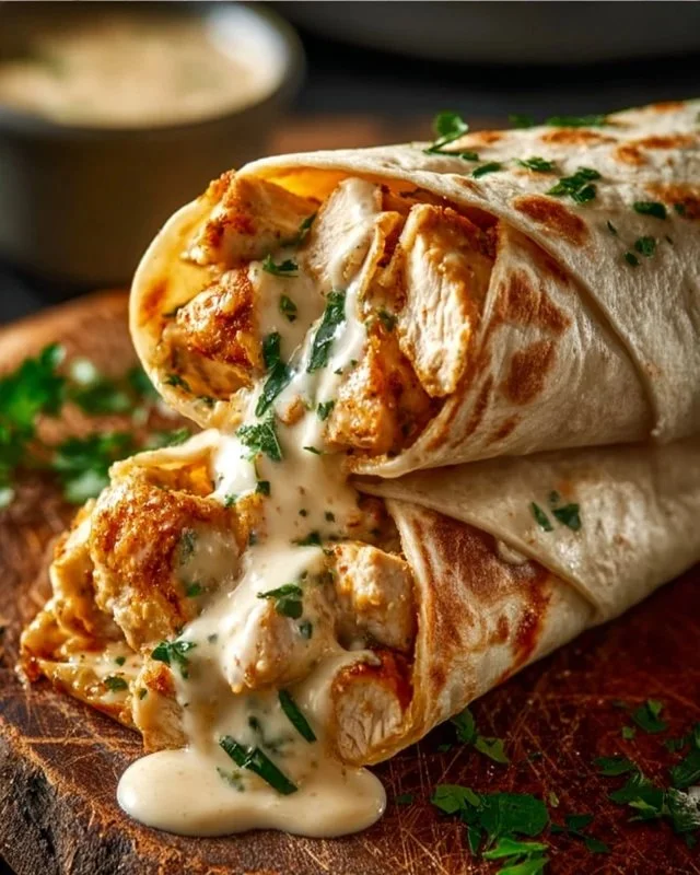 Cheesy garlic chicken wraps served on a plate, garnished with fresh herbs.