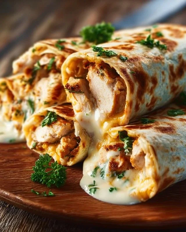 Cheesy garlic chicken wraps filled with melted cheese and savory garlic flavor
