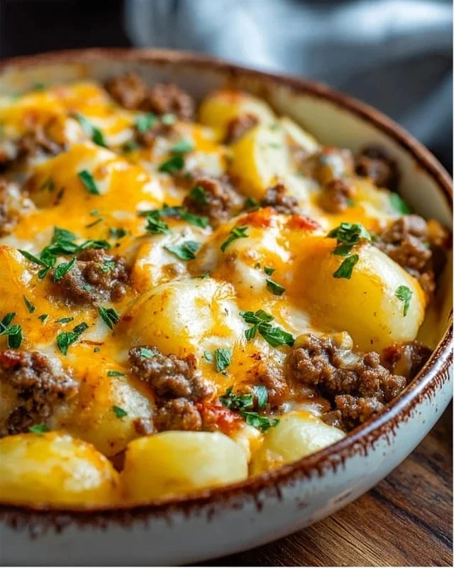 Cheesy Ground Beef & Potato Casserole topped with melted cheese and herbs.