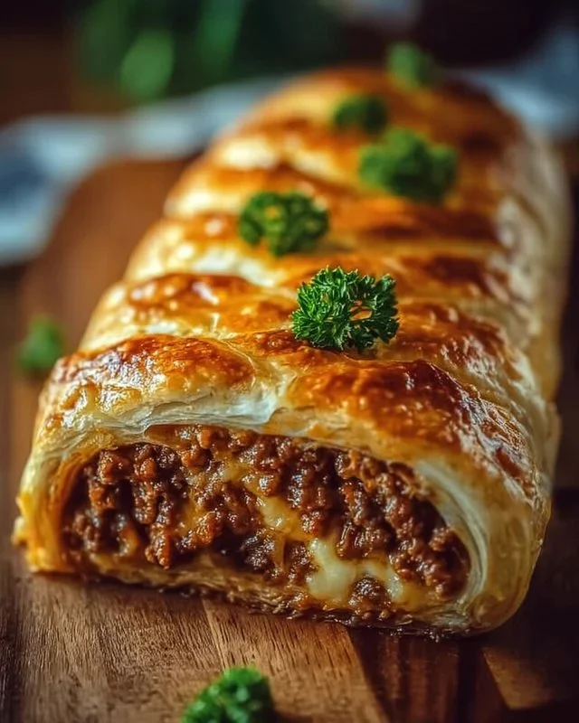Cheesy ground beef roll cooked to perfection, served on a plate with herbs.