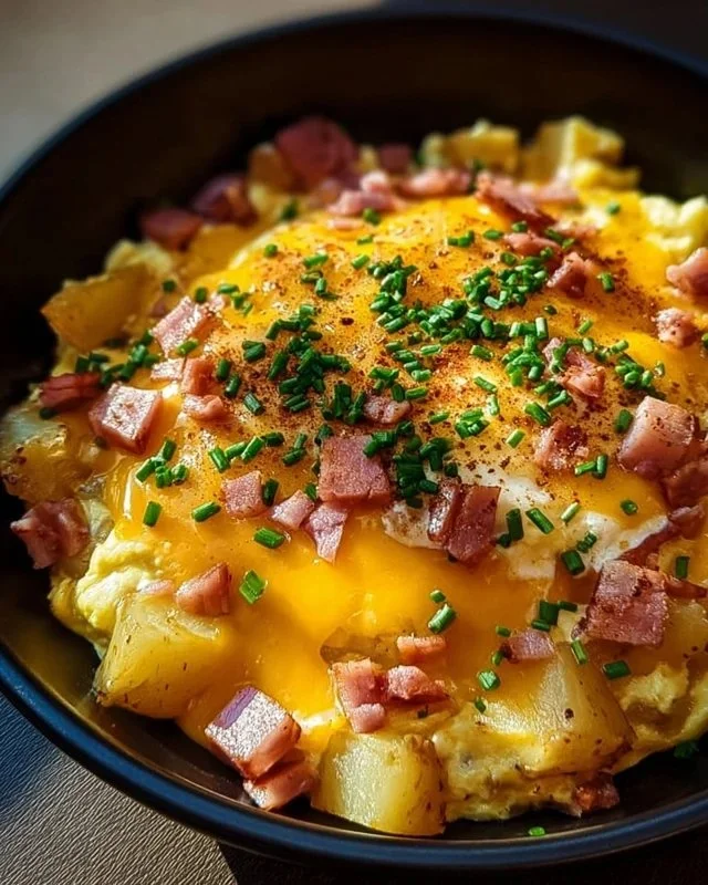A delicious Cheesy Potato Egg Scramble served on a plate, topped with herbs.