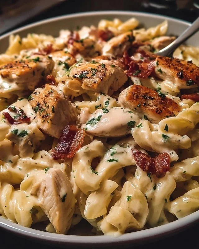 Creamy Chicken Bacon Ranch Pasta with crispy bacon and herbs