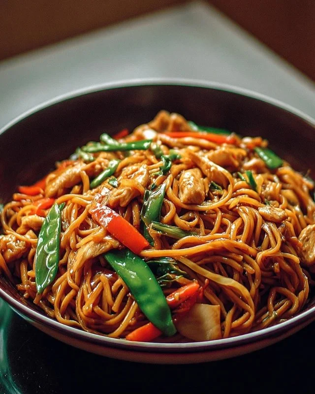 Delicious Chicken Lo Mein with vegetables and noodles in a savory sauce