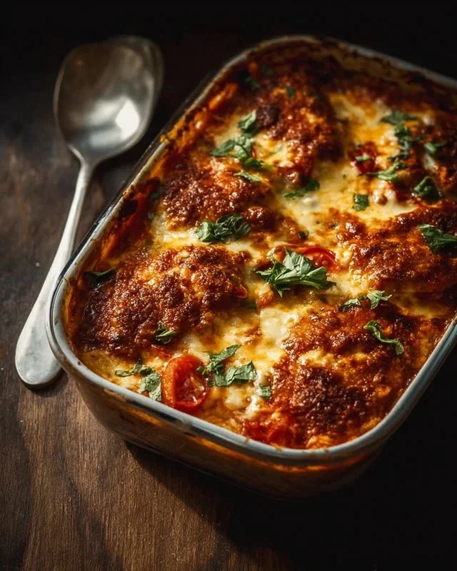 Delicious Chicken Parmesan Casserole topped with melted cheese and marinara sauce