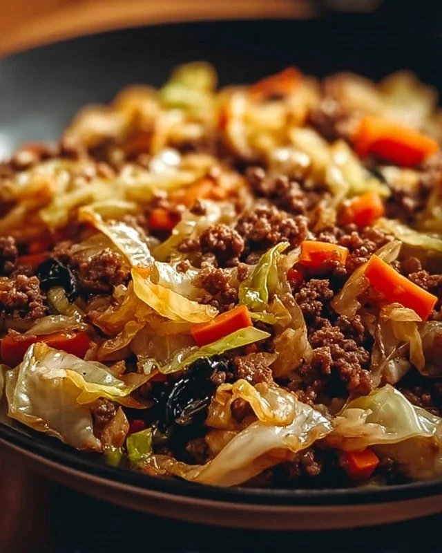 Chinese ground beef stir-fry with cabbage in a colorful dish