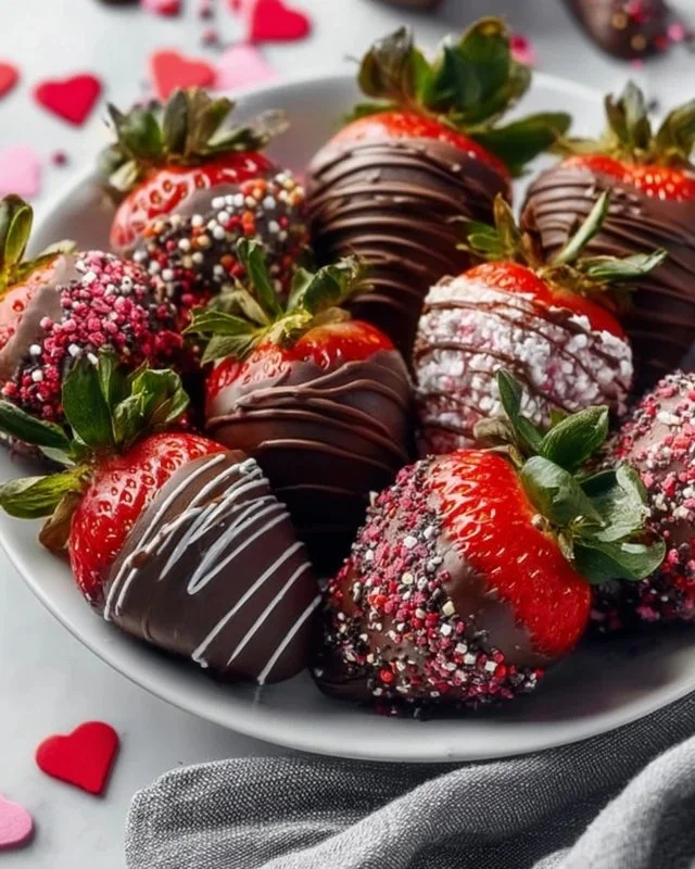 Fresh chocolate-covered strawberries arranged on a white plate