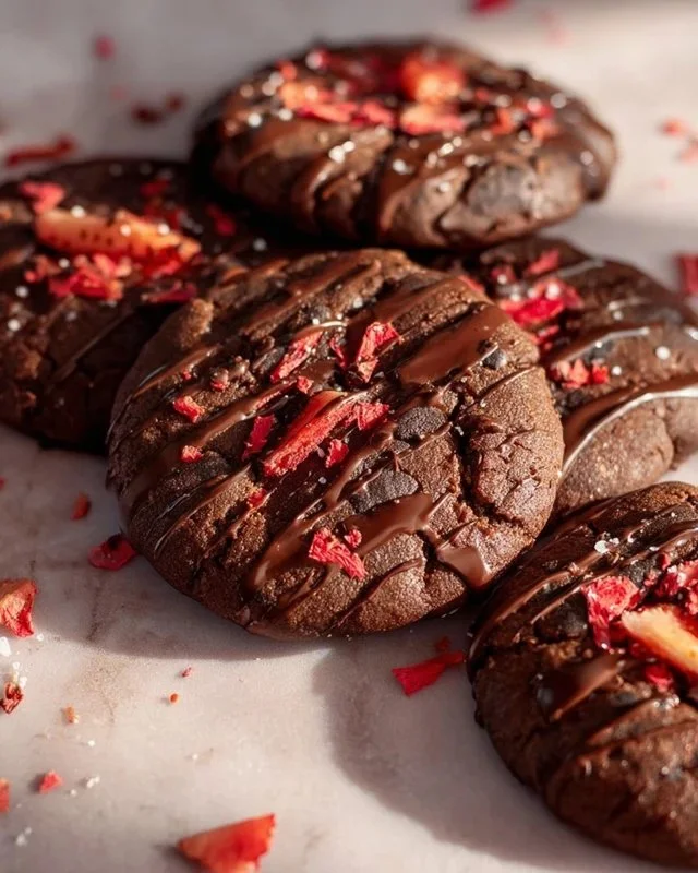 Delicious chocolate covered strawberry cookies on a plate.