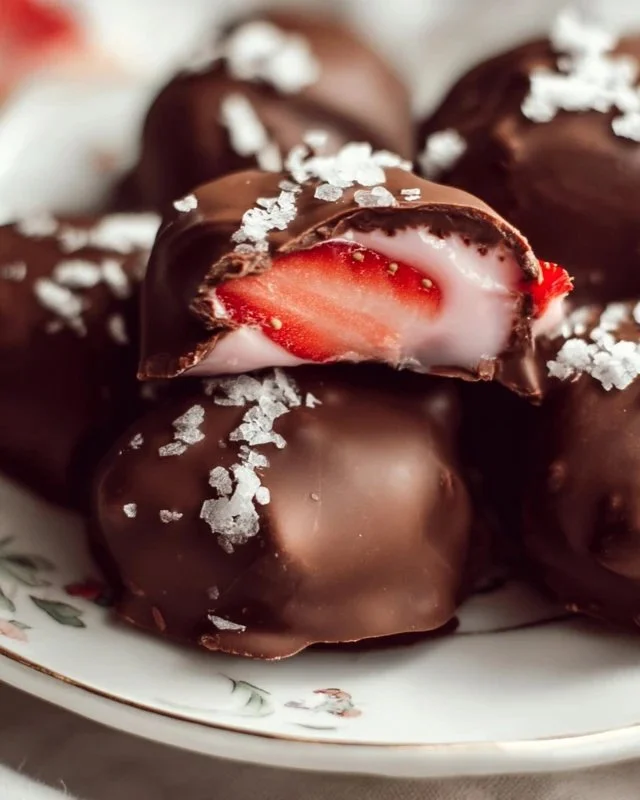 Chocolate covered strawberry yogurt bites on a white plate.