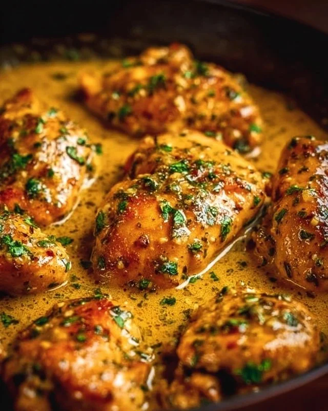 Delicious Cowboy Butter Chicken garnished with herbs and served on a plate.