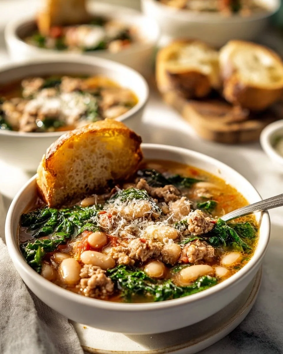 Bowl of cozy kale sausage and white bean soup, garnished with parsley.
