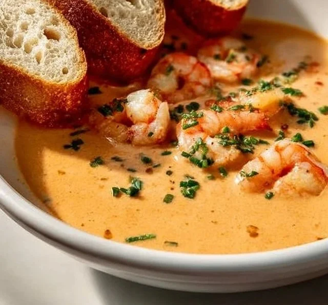 Delicious crab and shrimp seafood bisque served in a bowl, garnished with herbs.