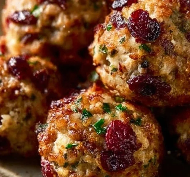Cranberry turkey stuffing balls served on a festive holiday table.