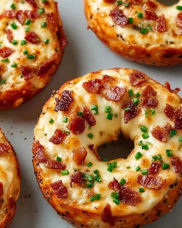 Creamy bacon cheddar bagels freshly baked and served on a plate