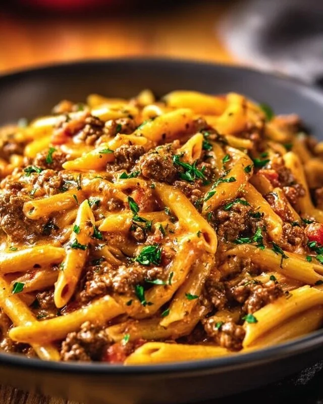 Creamy beef pasta in a bowl, garnished with herbs and cheese