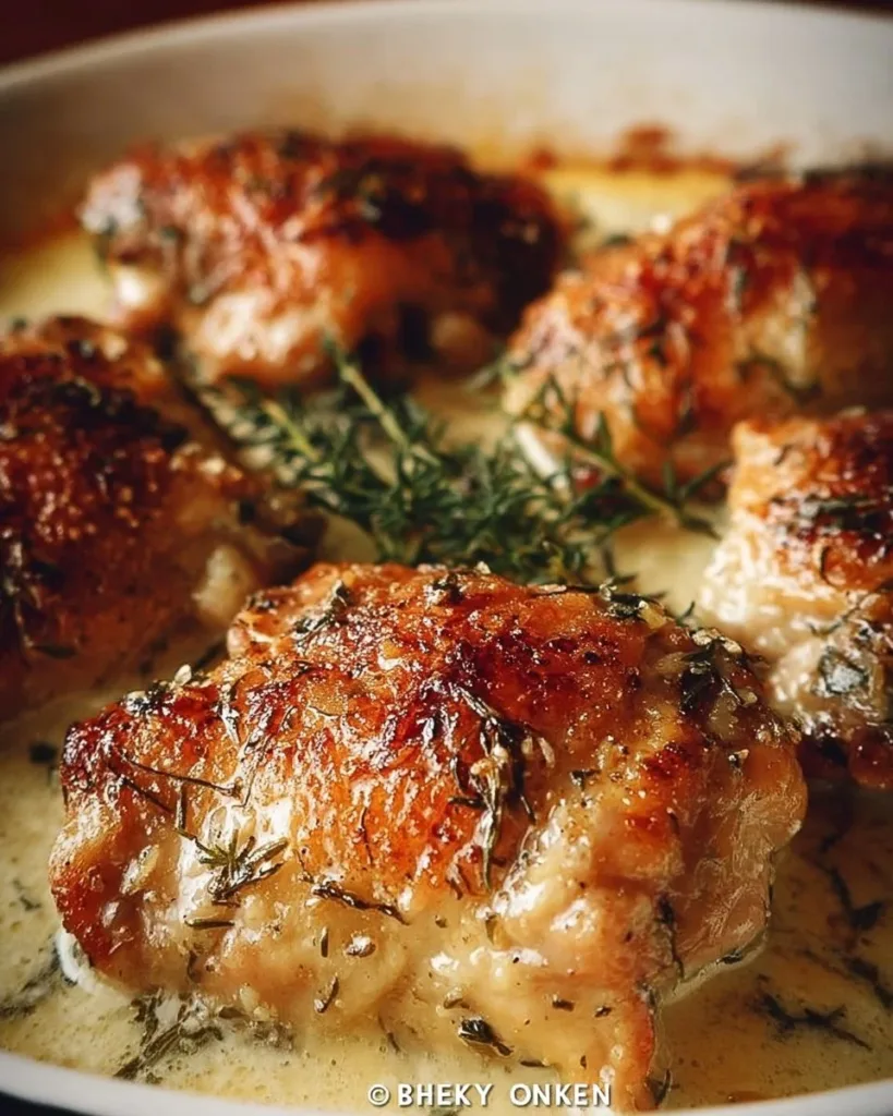 Creamy oven baked chicken thighs dish served with vegetables