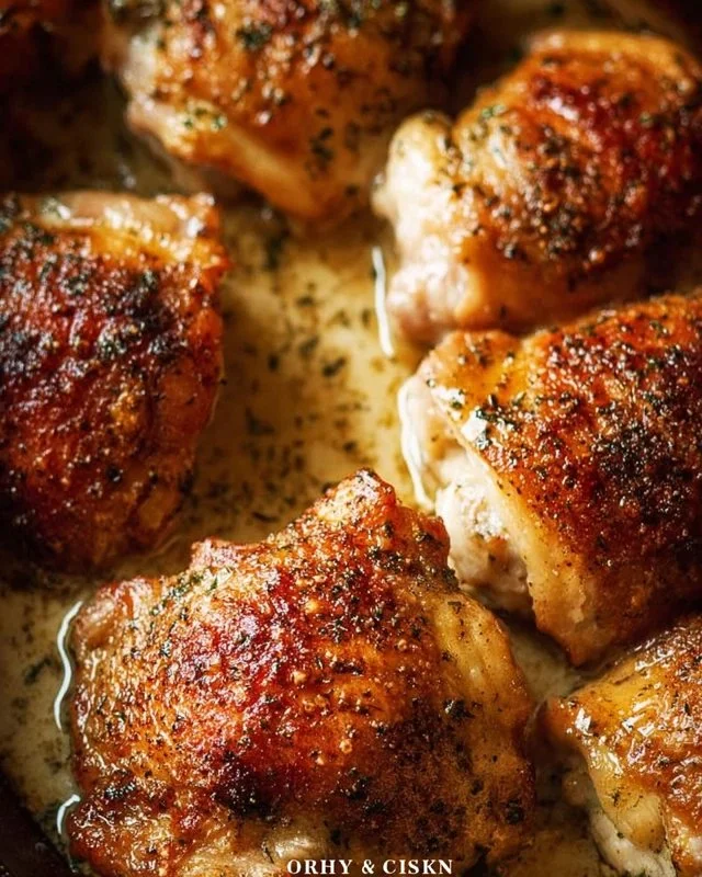 Creamy oven baked chicken thighs ready to serve on a plate.