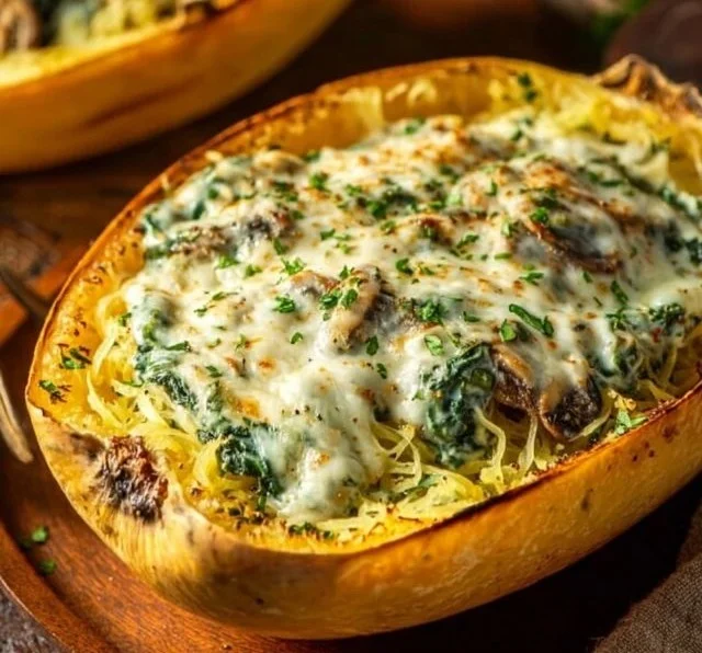 Creamy spinach and mushroom stuffed spaghetti squash served in a bowl.