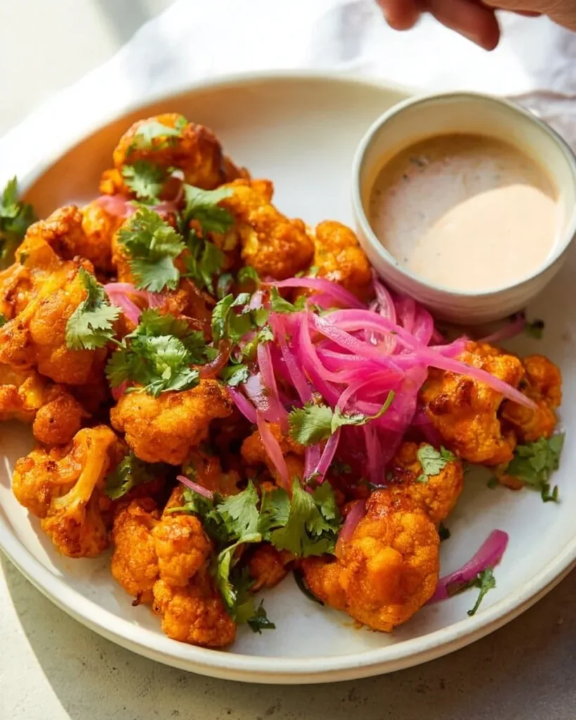 Crispy air fryer cauliflower wings served with dipping sauce