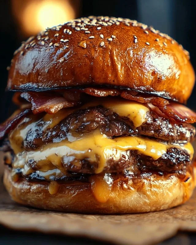 Delicious crispy bacon burgers served with toppings and side dishes.