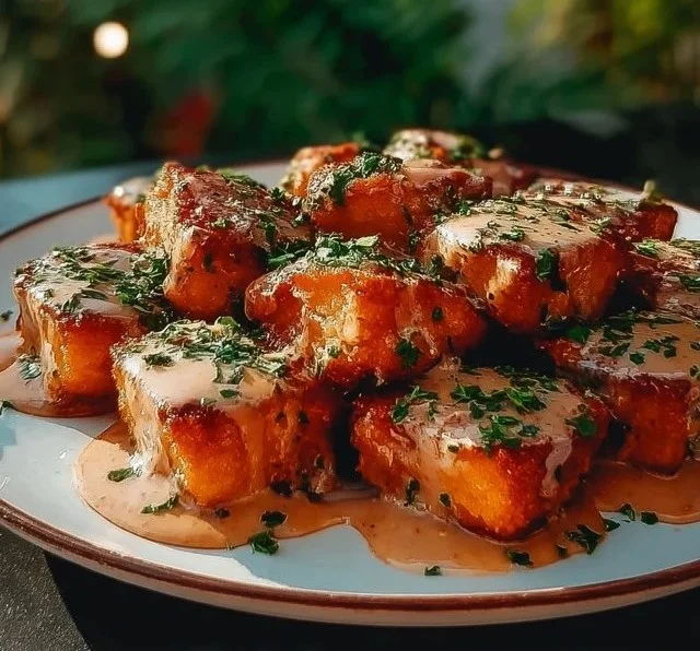 Crispy Bang Bang Salmon Bites garnished with herbs on a plate