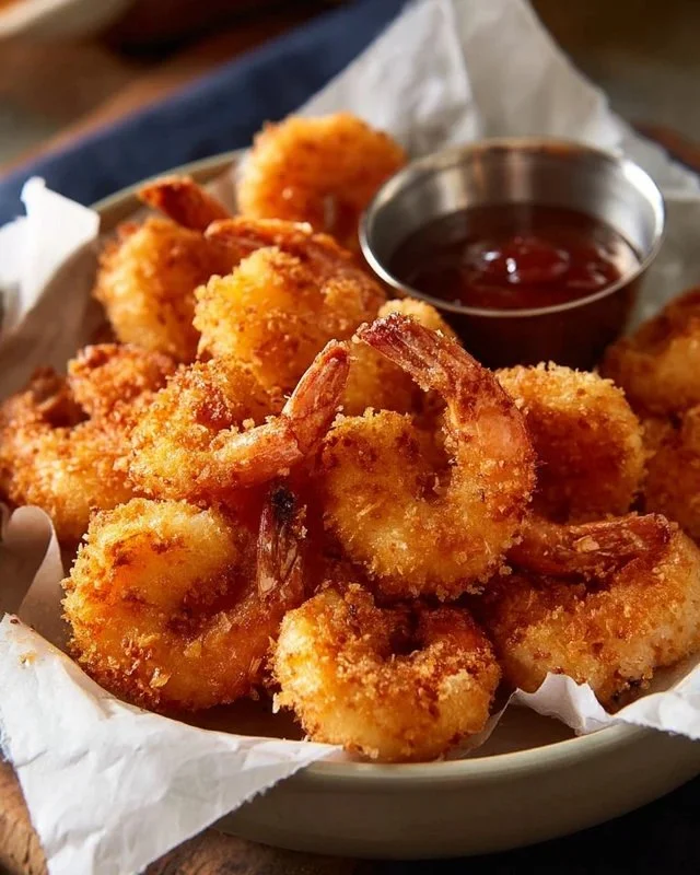 Crispy fried shrimp served with dipping sauce on a plate