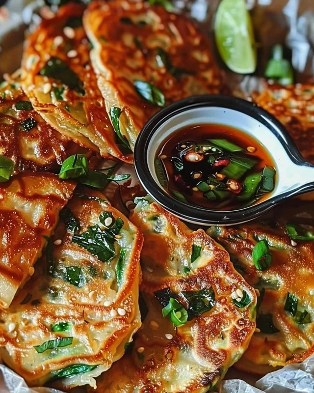 Crispy vegetable pancakes served with Asian dipping sauce on a plate