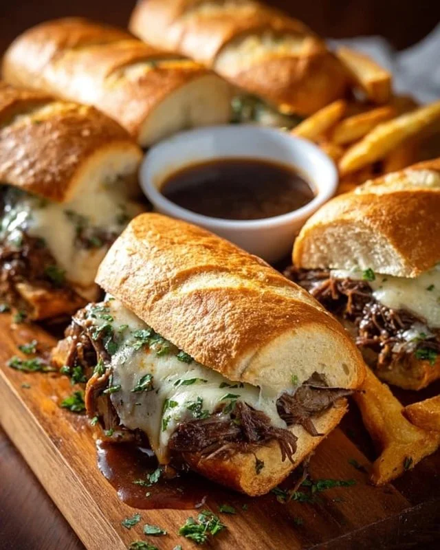 Crockpot French Dip Sandwiches served with au jus in a rustic setting