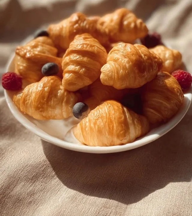 Delicious croissant cereal in a bowl with a spoon, a unique breakfast choice.