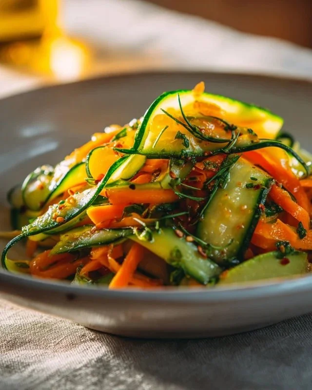 Fresh Cucumber Carrot Salad with greens and dressing