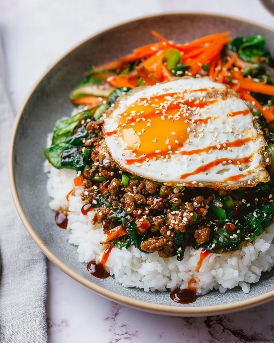Easy ground beef bibimbap served with fresh vegetables and egg