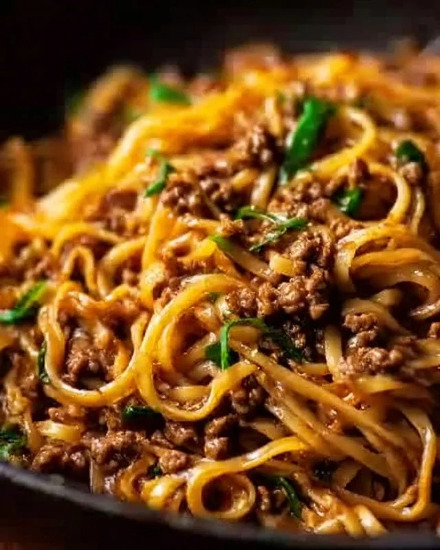 Delicious plate of easy Mongolian ground beef noodles with vegetables
