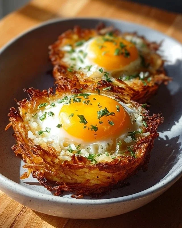 A delicious serving of eggs in crispy hash brown baskets for breakfast.