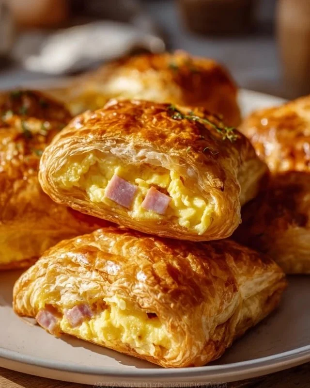 Flaky ham and egg puff pastry pockets ready to be served