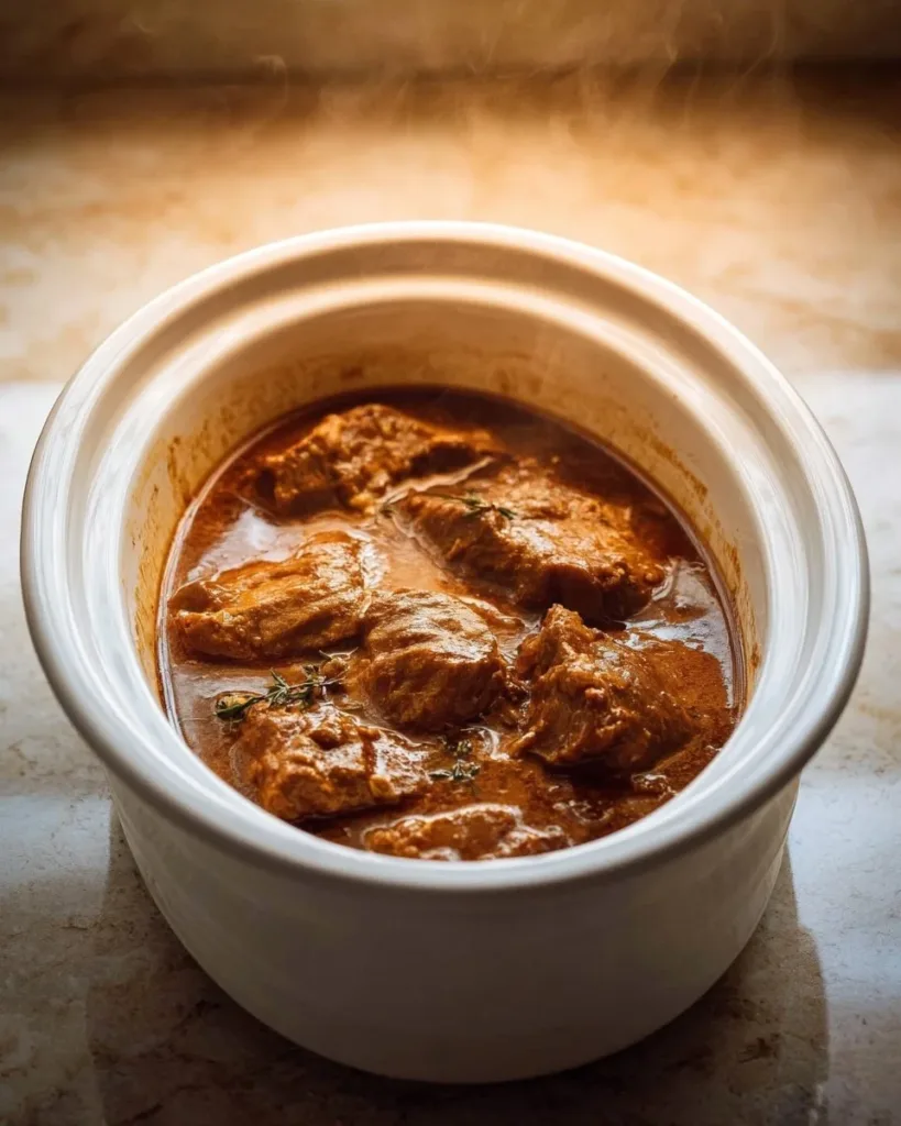 A delicious French onion pot roast served with herbs and onions on a plate.